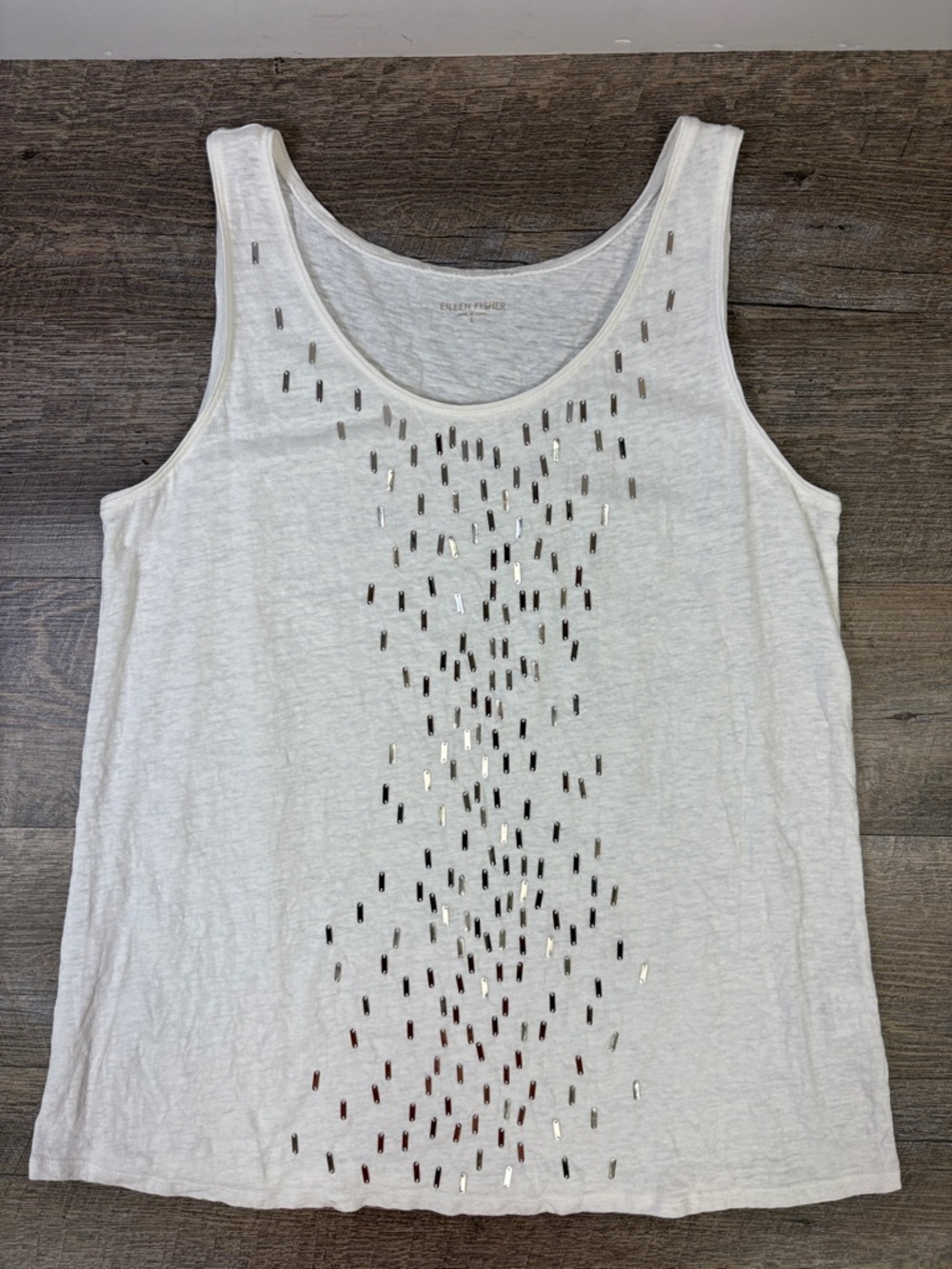 Eileen Fisher 100% Linen Tank Top Ivory Sequin Embellished Sleeveless Size S